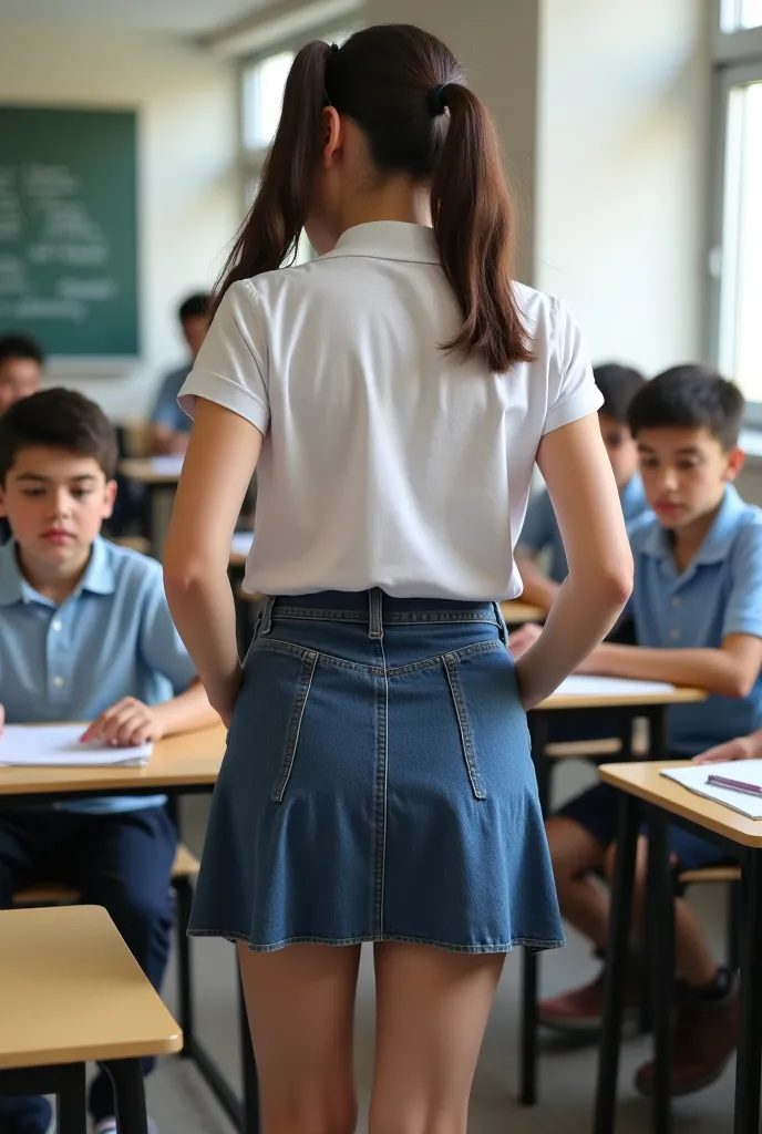 An adolescent elementary school student . She wears a skirt .  She bends down and you can see her spread buttocks under her skirt . She is in a classroom and there are other male elementary school students sitting around her looking at her buttocks . An el...