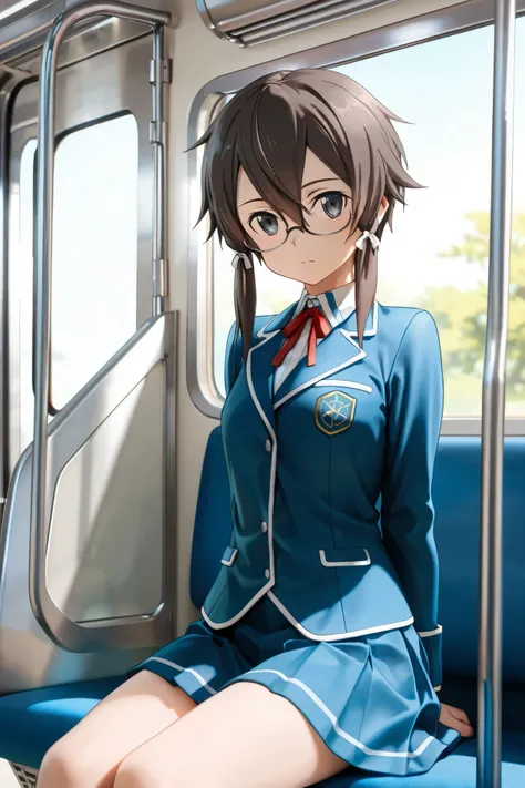 NSFW, Masterpiece, top quality, high res, very detailed, Asada Shino\( Sword Art Online\), hair between eyes、 SHORT HAIR、 side lock, dark eyes、 dark hair、Glasses、ヘアribbon, blazer、黒い jacket、黒い skirt、 jacket、 tie、プリーツ skirt、赤い tie、ribbon、uniform、 skirt, in t...