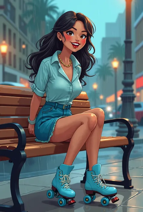 Tip: A very lovely  beautiful Asian American woman being happy alone on a bench in Downtown San Diego in the rain.. The illustration is a high definition illustration with 4k resolution., with highly detailed facial features and cartoon style visuals, ligh...