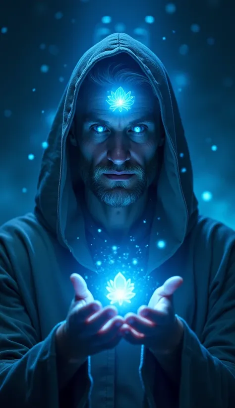  A man with a mystical look and bright eyes of an intense blue color ,  wearing a hood with light and illuminated fabric ,  that transmits a heavenly aura .  At the center of her forehead , a flower of blue light blooms ,  radiating spiritual and magical e...