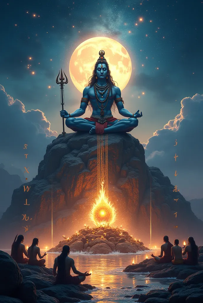 "A spiritually uplifting and visually stunning digital artwork celebrating **Maha Shivaratri**. At the center, a radiant and divine **Lord Shiva** is depicted in deep meditation on Mount Kailash, with a full moon glowing behind him. His **Trishul (Trident)...