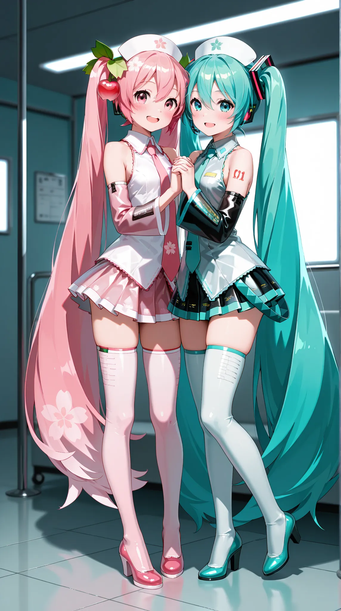 (Sakura Miku, pink hair, pink eyes:1.5), and, ( Hatsune Miku, Blue-green hair, Blue-green eyes:1.5), 2girls,  (master piece, professional quality, high resolution, 8k, sharp focus), Nurse Costume, white leotard, mini skirt, (pink necktie:1.4), Off shoulder...