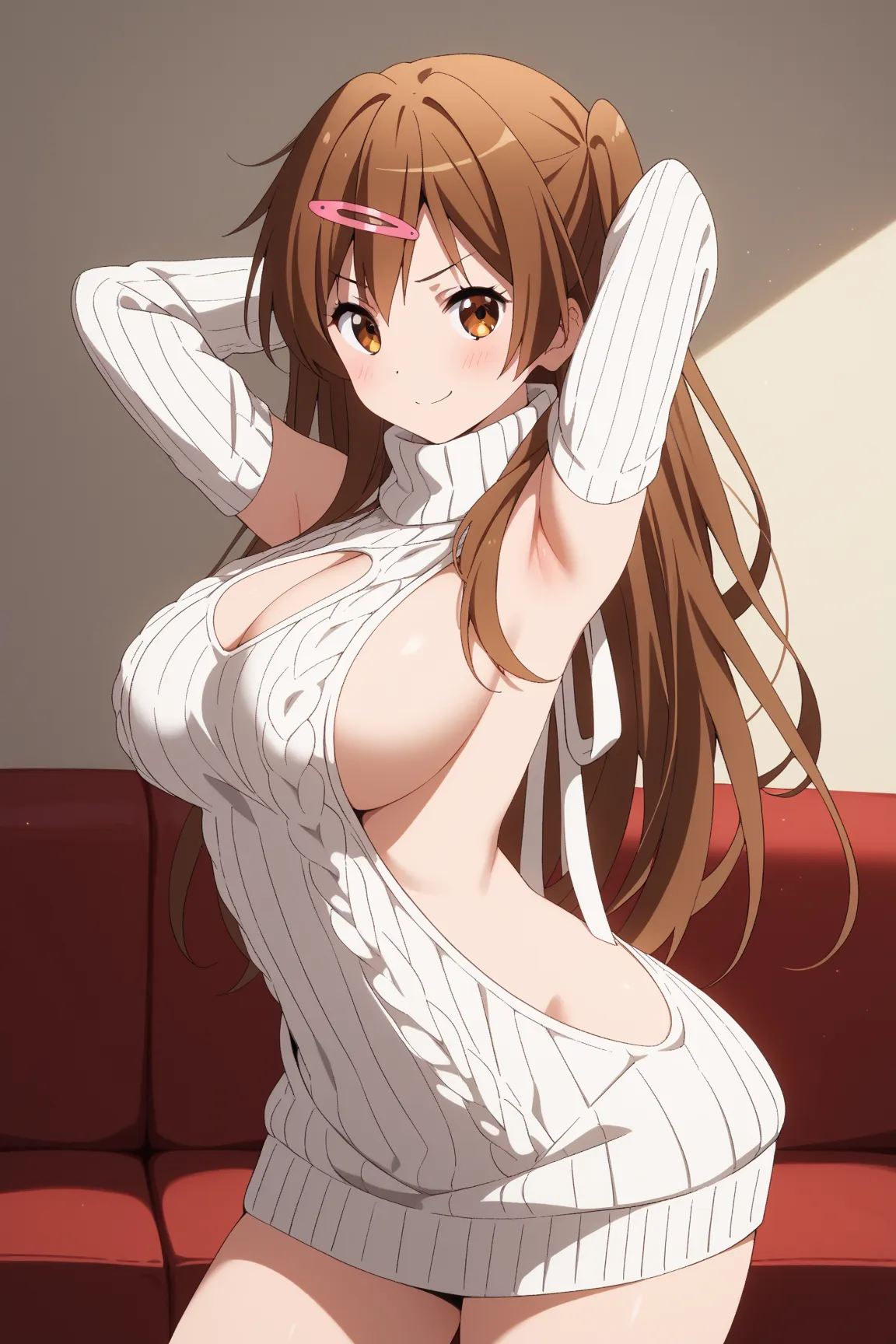 masterpiece,best quality,{{detailed beautiful face and eyes}}, very detailed background,
Shinka Nibutani,{{{megami magazine}}},long hair,brown hair,one side up,hair ornament,hairclip,brown eyes,large breasts,
((virgin killer sweater, (sweater dress:1.2), r...