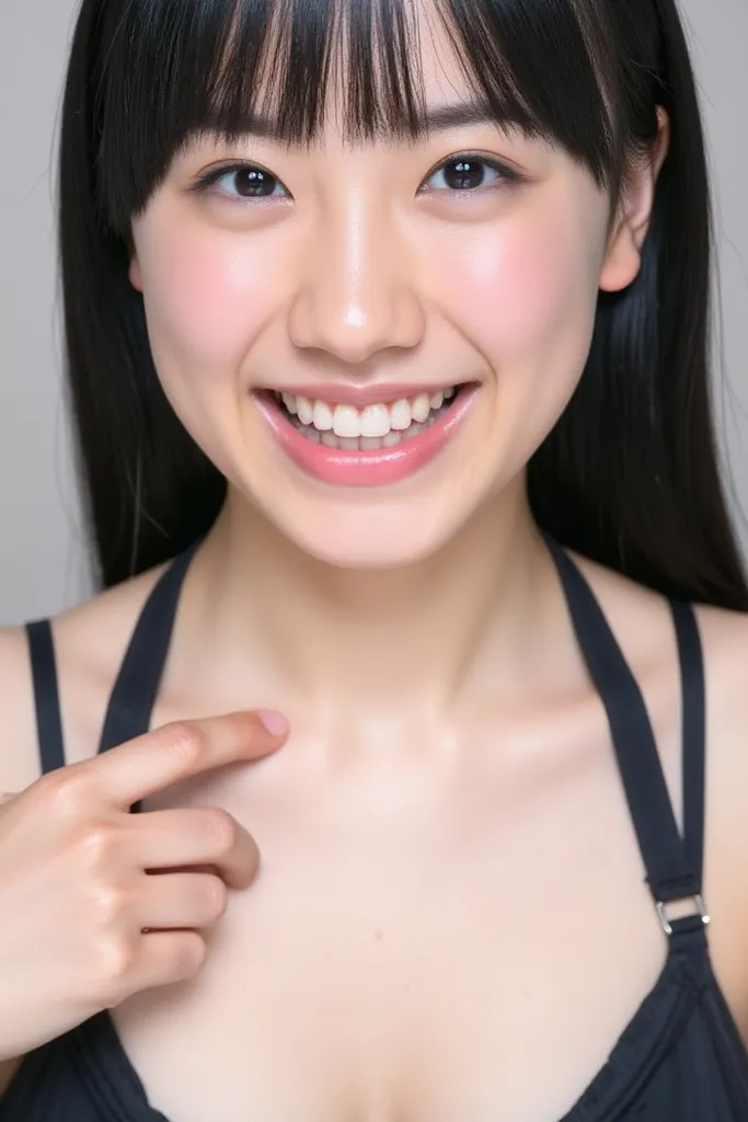  top quality,  black hair,  smiles,  open your mouth slightly,  simple background,  blurred background,, chest,  shortcuts,  smile, look up, chest, chest, chest, chest,  shows teeth and laughs,  shows teeth and laughs,  micro bikini、白っぽい背景 ponytail,  ponyt...