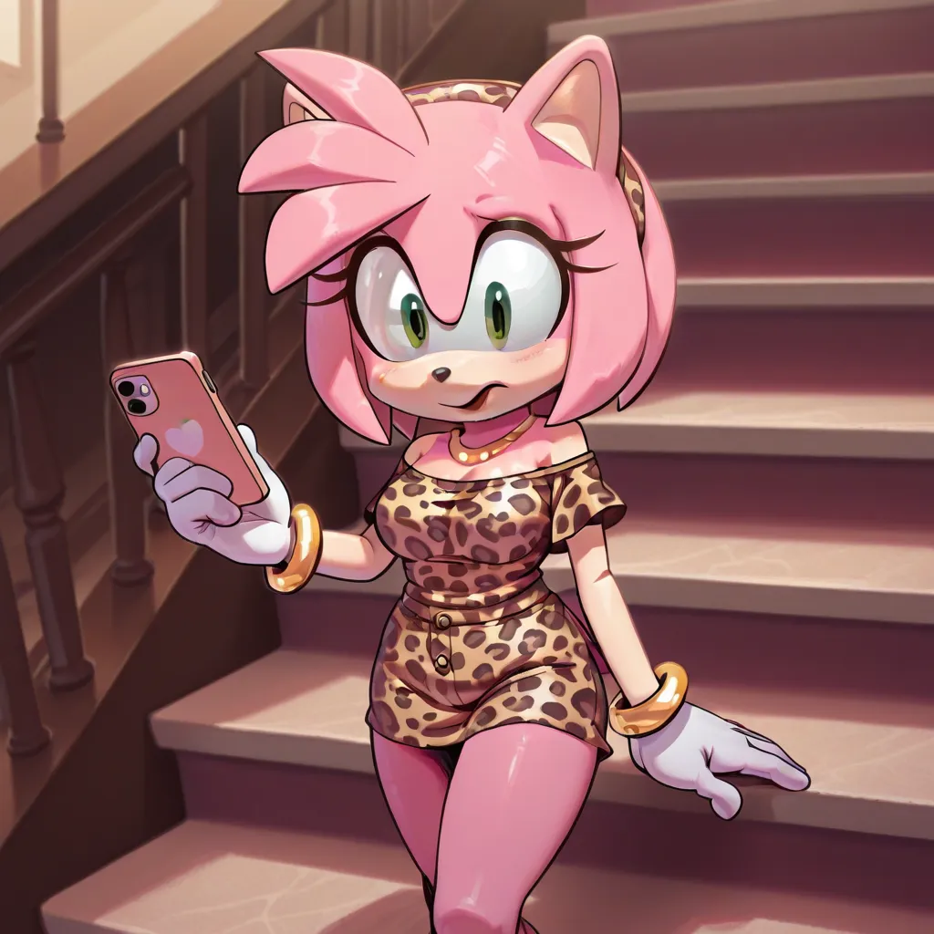 a woman in leopard print shirt on the stairs holding a cellphone, leopard print, solo, jewelry, necklace, 1girl, animal print, blonde hair,amy rose, furry female, pink fur, short hair, green eyes, pink hair