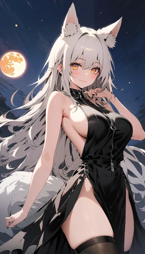 1girl, solo, long hair, looking at viewer, smile, large breasts, animal ears, closed mouth, bare shoulders, standing, yellow eyes, white hair, thighs, cowboy shot, black thighhighs, black dress, animal ear fluff, orange eyes, fox ears, bare arms, sleeveles...