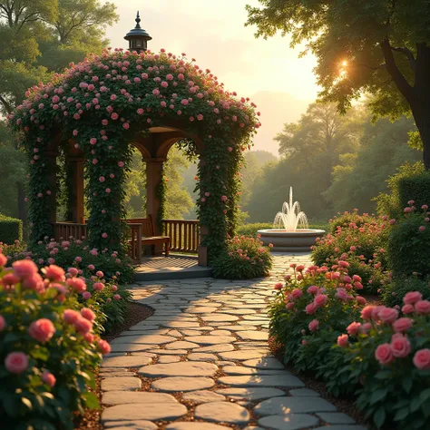 "A romantic garden with a stone pathway, a gazebo covered in climbing roses, and a small fountain, 4K ultra-detailed, golden hour lighting, and a peaceful atmosphere."