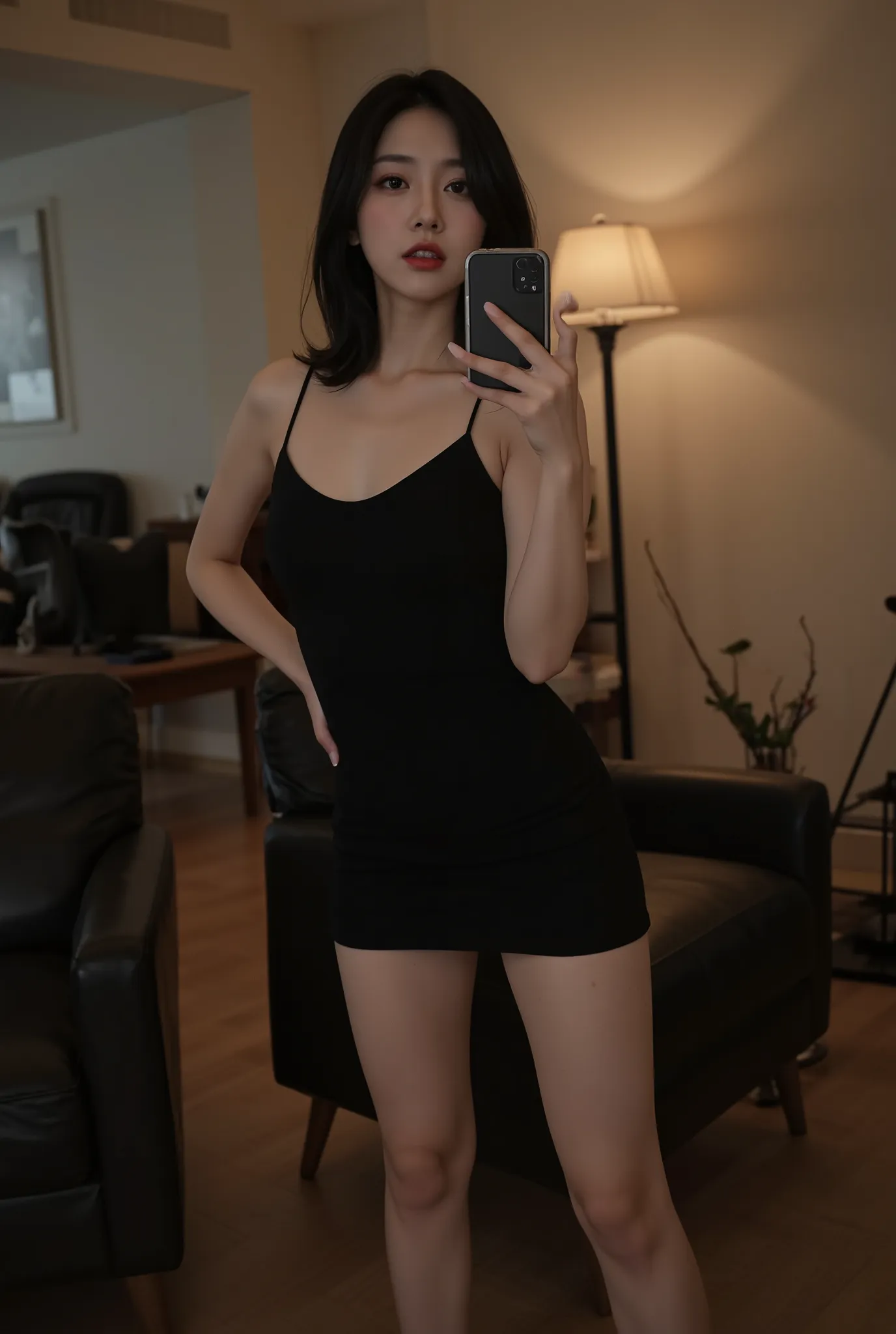  arafe girl in a black dress taking a selfie in the living room, Attractive pose,  pretty face with arms and legs , dull ,  satisfying pose ,  sexy pose ,  Sexy expression facing the camera ,  young and beautiful Amurans , very  sexy pose , Nice hips and l...