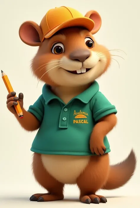 an image of an animated capybara, That it is standing, Grabbing a pencil, Wearing a polo shirt and hat, In both that it says Academia PASCAL, THE COLOR OF THE POLO SHIRT IS PETROL GREEN AND THE CAP IS ORANGE