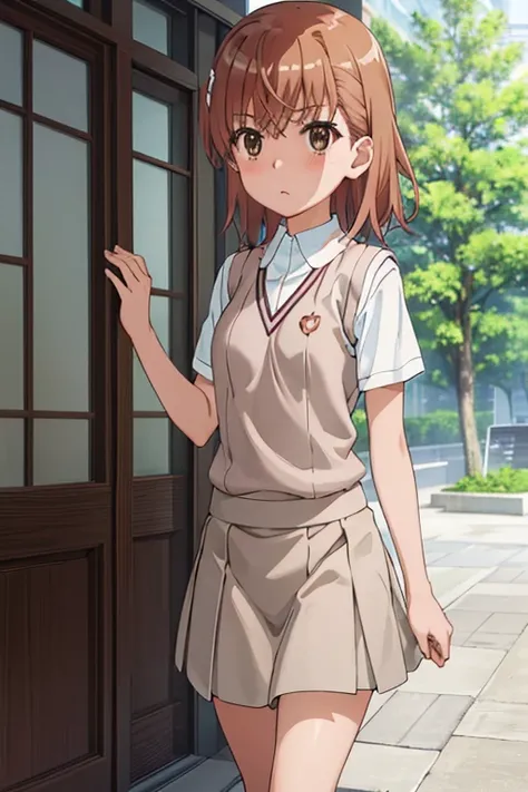 Mikoto misaka.、A Certain Scientific Railgun、girl、Small breasts、whole body,blush,Short sleeve blouse、Beige knit vest、Darkgrey plain pleated skirt、best quality,