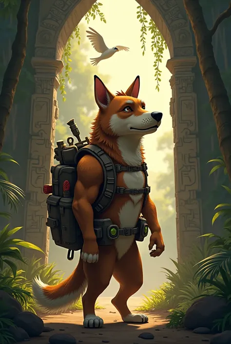 In the entrance of an ancient ruin, a robust dog detective stands with unwavering determination. The dense jungle envelops the ruins, and birds circle overhead, their calls adding to the atmosphere of mystery. The dog is equipped with an adventure backpack...