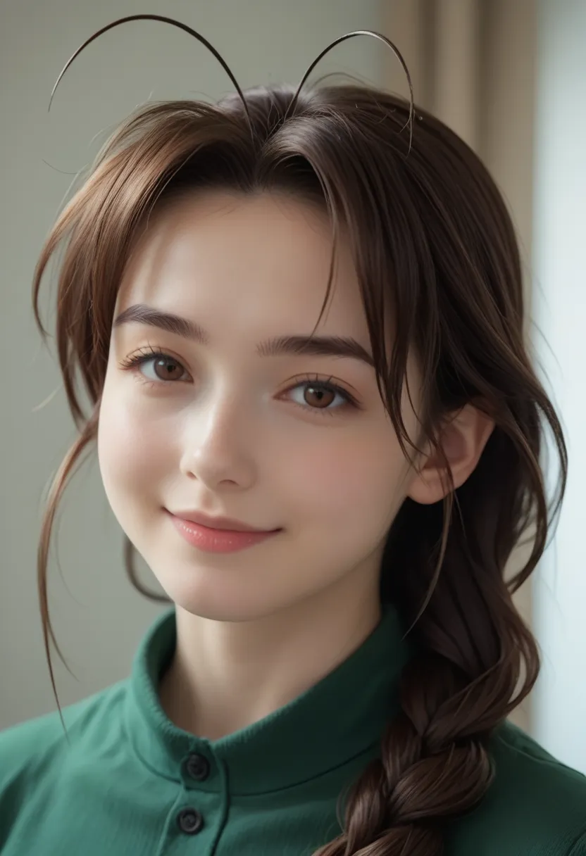 mutsumi otohime, long hair, brown hair, brown eyes, antenna hair, braid, single braid, braided ponytail, realistic antenna hair, antenna hair looks like real hair, amazingly beautiful face, realistic japanese female face, 100% japanese face, light cosmetic...