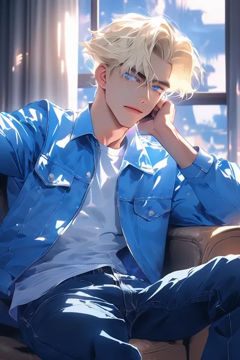 (Masterpiece, best quality, amazing quality, very aesthetic, handsome, illustration). (Perfect eyes details, aesthetic lighting, natural and dynamic pose),  high-angle shot. A 16-year-old ager. Blonde hair with a 90s side-part style, giving off a youthful ...