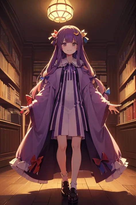  detailed depiction of up to the front door、((Touhou Project's Patchouli Knowledge))、((( patchouli norge )))、((( is in the Crimson Demon Museum library at night)))、(( in the room))、 cute smile、 (((( height 155 cm)))、(((whole body)))、Vivid colors、(((足先までwho...