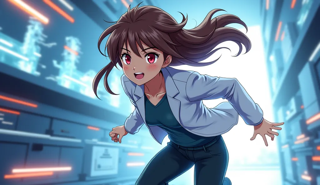 An anime tyanka with red eyes and brown hair in a lab suit runs to the lab with a bang