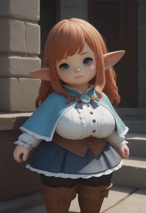 score_9, score_8_up, score_7_up, rating_safe, 1 girl, lalafell, (shortstack:1.2), pointy ears, huge breasts, ornate, skirt, capelet, thighhigh boots, thick thighs, long hair, head tilt, bust portrait, frilly
