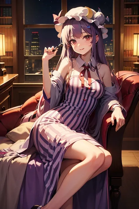  detailed depiction of up to the front door、((Touhou Project's Patchouli Knowledge))、((( patchouli norge )))、(((I'm in the Red Devil library at night)))、(((I'm sitting on a chaise longue)))、(( in the room))、 cute smile、 (((( height 155 cm)))、(((whole body)...