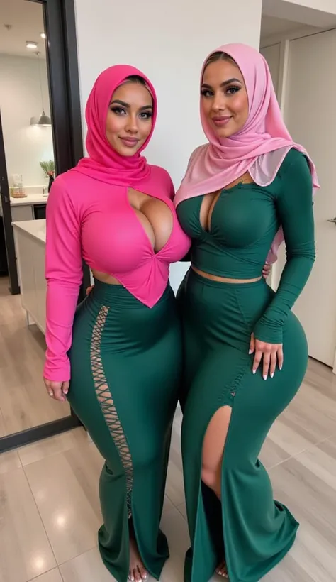 Two muslim women in pink   shiny latex hijab, big breasts, showing long green transparent ripped latex dress, A beautiful sexyIndian bhabhi, (create a group of saudi arabia womens in burqa bikini womens with large boobs and revealing bra they are wearing h...