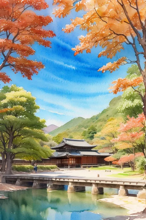 (   Masterpiece:1.2,    top quality),(  very detailed ),(((watercolor))),8k,   wallpaper, 秋のKyoto,autumn leaves, Kyoto,   blue sky,(((   Ghibli style   ))),透明watercolor