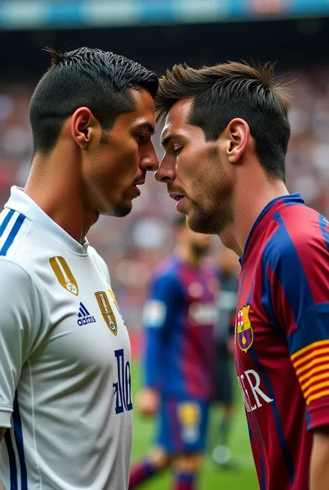  Cristiano Ronaldo and Lionel Messi in a fierce classic, eyes fixed on each other ,  sweat dripping as they contest the ball . The crowd vibrates in the background ,  but their eyes carry something more than rivalry .