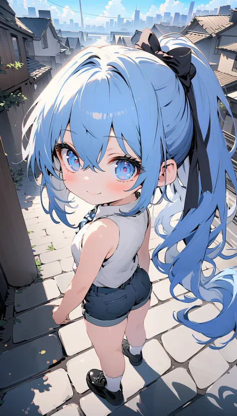 1girl, solo, long hair, looking at viewer, blush, smile, hair between eyes, closed mouth, bare shoulders, standing, blue hair, white shirt, full body, hair ribbon, ponytail, outdoors, sky, shoes, collared shirt, day, black footwear, chibi, sleeveless shirt...