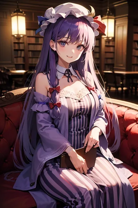  detailed depiction of up to the front door、((Touhou Project's Patchouli Knowledge))、((( patchouli norge )))、(((I'm in the Red Devil library at night)))、(((Sit on a chaise longue and read)))、(( in the room))、 cute smile、 (((( height 155 cm)))、(((whole body...