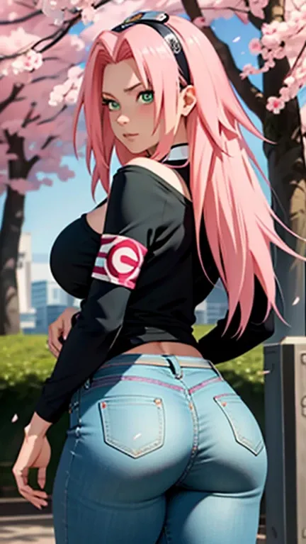 tmasterpiece， Best quality in the best， 1girll， sakura haruno， big boobs，off-the-shoulder clothing，（ cleavage)，Sexy raised，is shy，missmutig，with pink hair，  long pink hair， （green eyes:1.4)， Forehead protection， The cherry trees，Flying cherry blossoms, per...