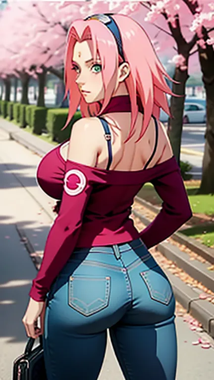 tmasterpiece， Best quality in the best， 1girll， sakura haruno， big boobs，off-the-shoulder clothing，（ cleavage)，Sexy raised，is shy，missmutig，with pink hair，  long pink hair， （green eyes:1.4)， Forehead protection， The cherry trees，Flying cherry blossoms, per...