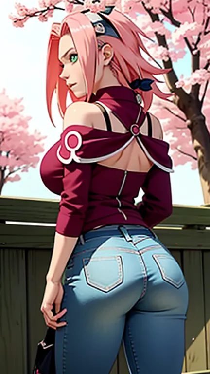 tmasterpiece， Best quality in the best， 1girll， sakura haruno， big boobs，off-the-shoulder clothing，（ cleavage)，Sexy raised，is shy，missmutig，with pink hair，  long pink hair， （green eyes:1.4)， Forehead protection， The cherry trees，Flying cherry blossoms, per...