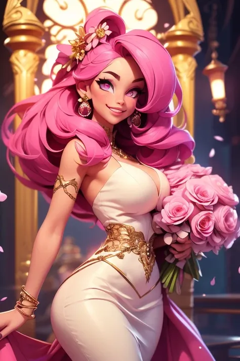 Perfect face. Perfect hands. A pink haired woman with violet eyes and an hourglass figure in a pretty dress is posing for a photo shoot with a floral theme with a big smile