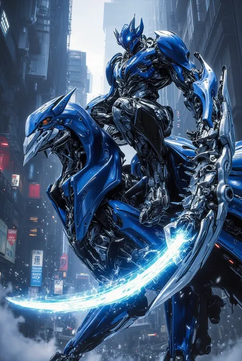 Ironhide sitting on his blue Robotic eagle and eagle spitting blue ice in the city