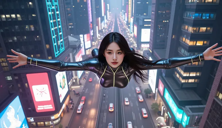 Description:
A detailed shot of a woman falling from a great height, lying horizontally in the air with her arms open as if embracing the void. She looks directly at the camera, while the futuristic, advanced city stretches below her, glowing with neon lig...