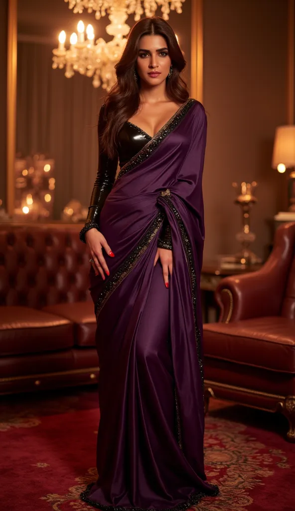 Full body shot of KritiSanonFlux wearing shiny dark purple leather saree with designer black leather blouse and high pump heels.

She is seductively inviting you with seductive evil expression and behaviour looking at the camera with a sexy seductive mistr...