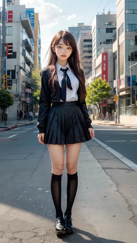 a beautiful 18 year old Japanese high school girl with perfect anatomy, healthy thighs, beautiful legs, beautiful skin, random hair color and style, large breasts, (wearing a Japanese schoolgirl uniform:1.3), (she is standing:1.2), penny loafers, holding a...