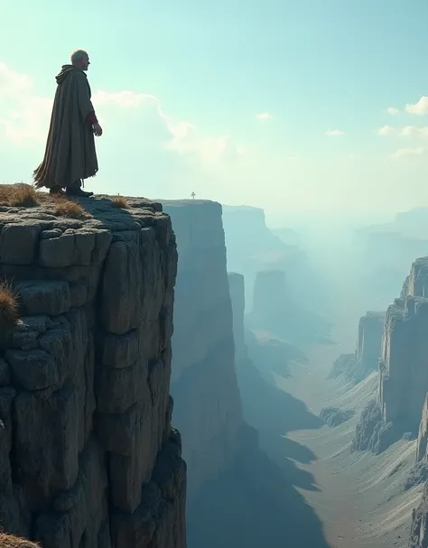 Ancient man standing on a high and steep cliff with nearly 1000 feet into the cliff, the light is not foggy and clear ,  photo is clearly visible from the top of the cliff down to the bottom 