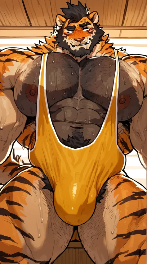  bara tiger, full body, very large pecs, strong physique, very muscular, perfect anatomy, masterpiece, short haircut, clean black beard, black eyes, strong jaw, giant veiny biceps, hairy pectorals, defined abs, fit, slim shaped, athletic shaped, solo, grea...