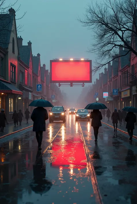 create a realistic image of a street with people walking with umbrellas on a very rainy day, on the streets the cars drive through the puddles of water, the lights are on, but you can see that it is still daytime. it is a cloudy and very rainy day. you can...