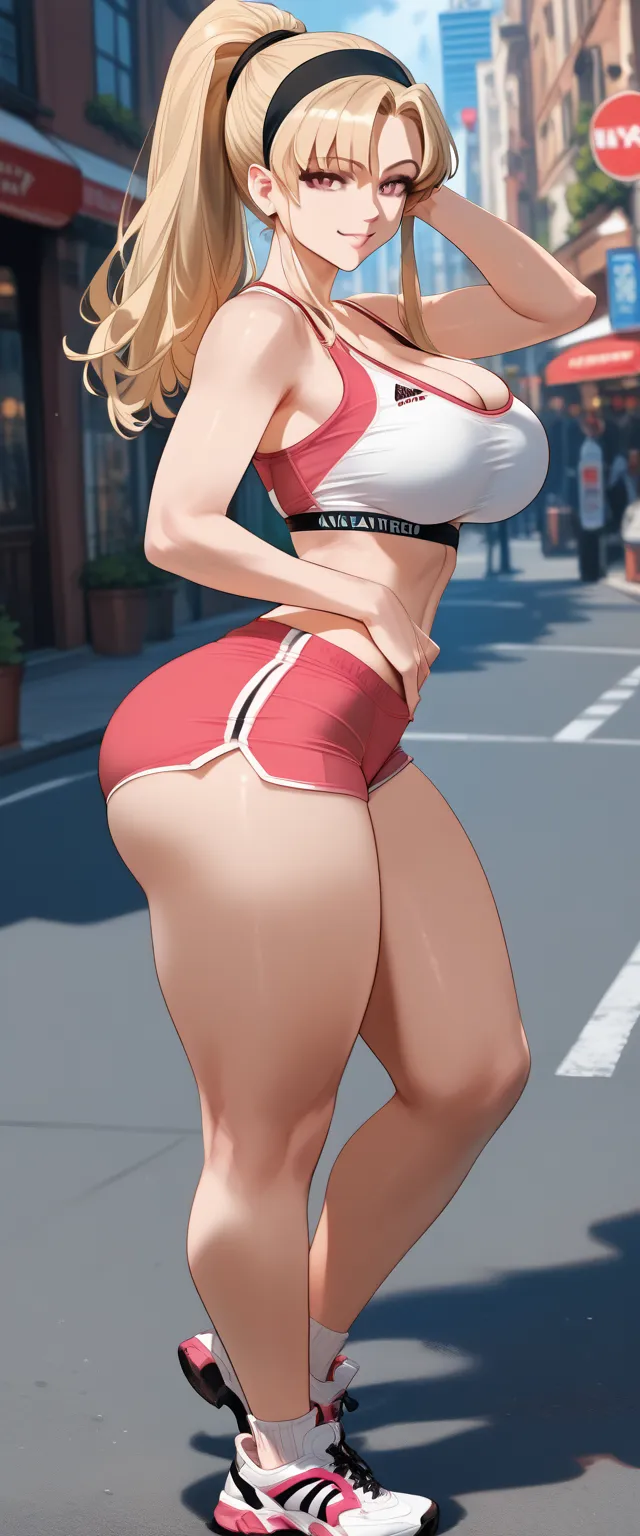 ultra-detailed, 1girl, solo, ((masterpiece)), (best quality), (highres), 16K, pink eyes, blonde hair, long hair, hairband, ponytail, wearing sports bra, bootyshorts, sports shoes, busty body, large breasts and a sexy ass, showcasing cleavage, legs, hips, l...