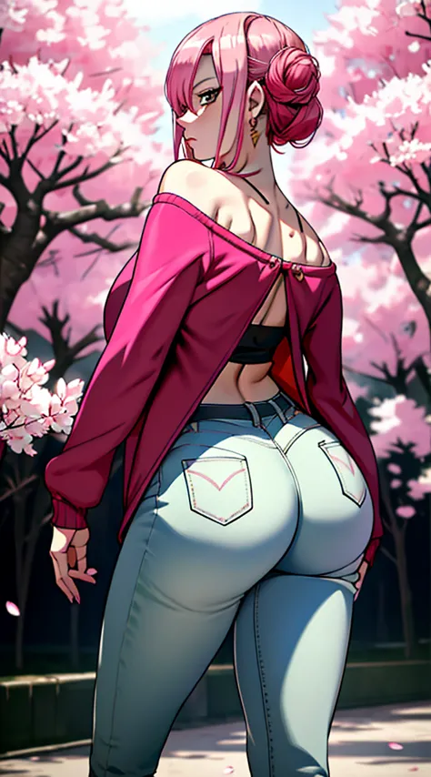 tmasterpiece， Best quality in the best， 1girll， sakura haruno， big boobs，off-the-shoulder clothing，（ cleavage)，Sexy raised，is shy，missmutig，with pink hair，  long pink hair， （green eyes:1.4)， Forehead protection， The cherry trees，Flying cherry blossoms, per...