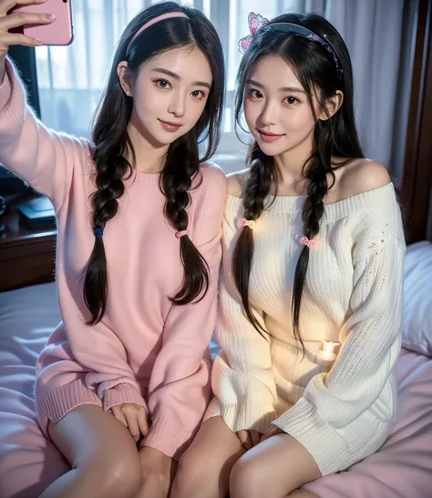 (( Masterpiece)) (( Top Quality)). Two women .(Night Sky. starry sky). (8k)  Inside room. winter. Pajama .Sit Line Up.(( selfie)) Illumination neon.glowing. Heart neon. Cute stuffed toy .Lace (Detailed embroidery pattern) headband cat.((Camera angle close ...