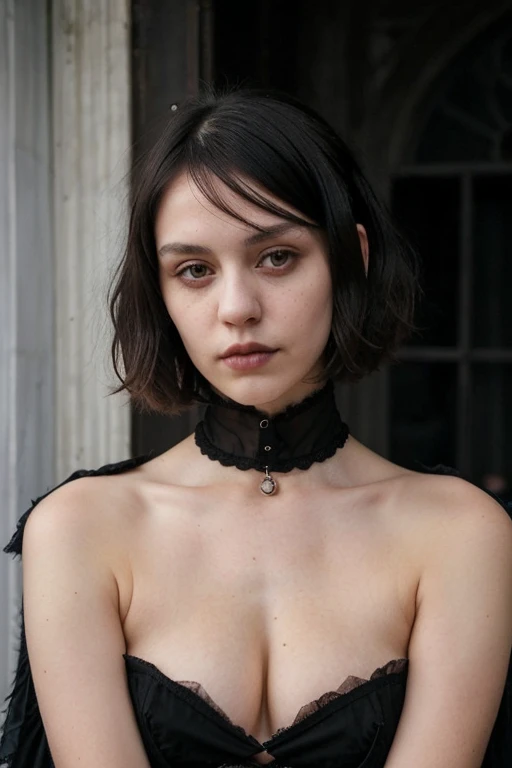  Woman, 22 years old, gothic and sensual ,  realistic, white,  black hair, slightly light brown eyes,  soft and sensitive skin, short hair up to the chin and a fringe that covers the forehead. Clothing in the Gothic style, Few clothes,  angelic face,  Real...