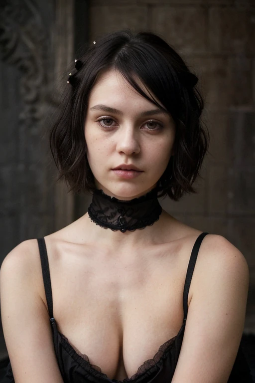  Woman, 22 years old, gothic and sensual ,  realistic, white,  black hair, slightly light brown eyes,  soft and sensitive skin, short hair up to the chin and a fringe that covers the forehead. Clothing in the Gothic style, Few clothes,  angelic face,  Real...