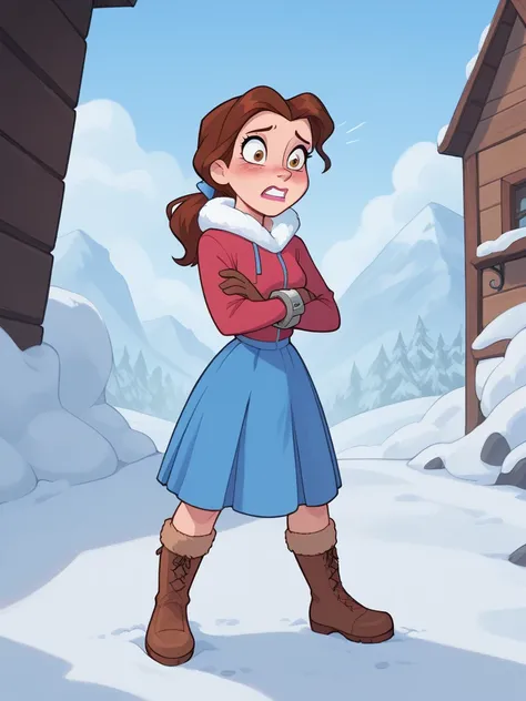 Disney beauty ,  brown hair , hazel eyes,  fair skin , pink lips, blue bow,  ponytail:1.3, highly detailed, movie grain , granulated, full body, standing, snow, winter, tundra setting, cold posture, freezing, shivering, shaking, crossed arms, frown, clench...