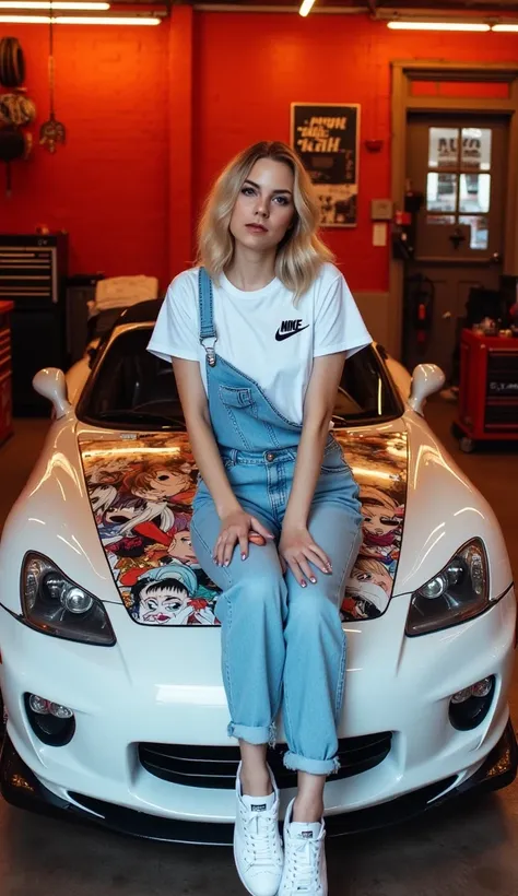 Youn woman, sits casually atop a white sports car,  graphic anime-style design adorning the hood.  She wears a white t-shirt with a Nike logo, and light-wash denim overalls.  Her expression is calm and collected, with a slight smile.  blonde hair waves.  S...