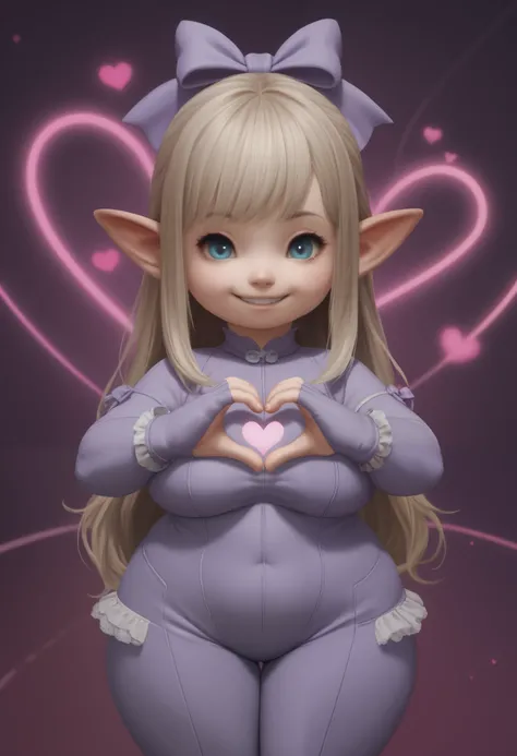 score_9, score_8_up, score_7_up, rating_safe, 1 girl, lalafell, (shortstack:1.2), pointy ears, huge breasts, ornate, huge hips, bow hair. long hair, head tilt, frilly | bodysuit, heart hands, abstract background, neon, smile, looking at viewer, face focus
