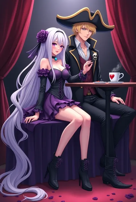 A young man and a girl take a breakfast. 
Anime witch vampire girl with very long white and purple hair. Big purple eyes. On the stage of an empty and lonely theater in a sexy short black and purple dress. Sexy Girl and young mature. Pink lips, sensual but...