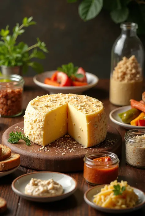 A board of Parmesan cheese from Minas Gerais, side dishes and jars with pates