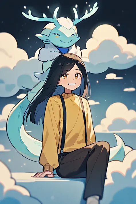 Young tall man with medium black straight hair with light blue antlers and light blue dragon tail wearing a yellow sweater with black suspenders and long brown pants and sitting on a cloud and smiling