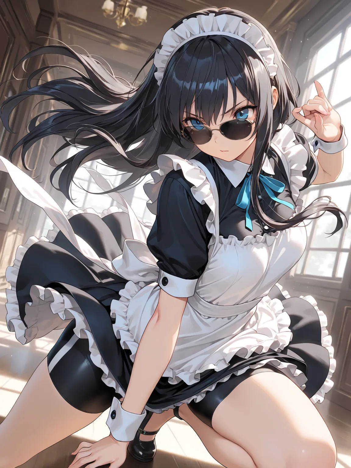 (masterpiece, best quality, extremely detailed), 
1girl, black hair, long hair, blue eyes, sunglasses, maid, frills, bike shorts, bike shorts under skirt, dynamic pose, cinematic angle,