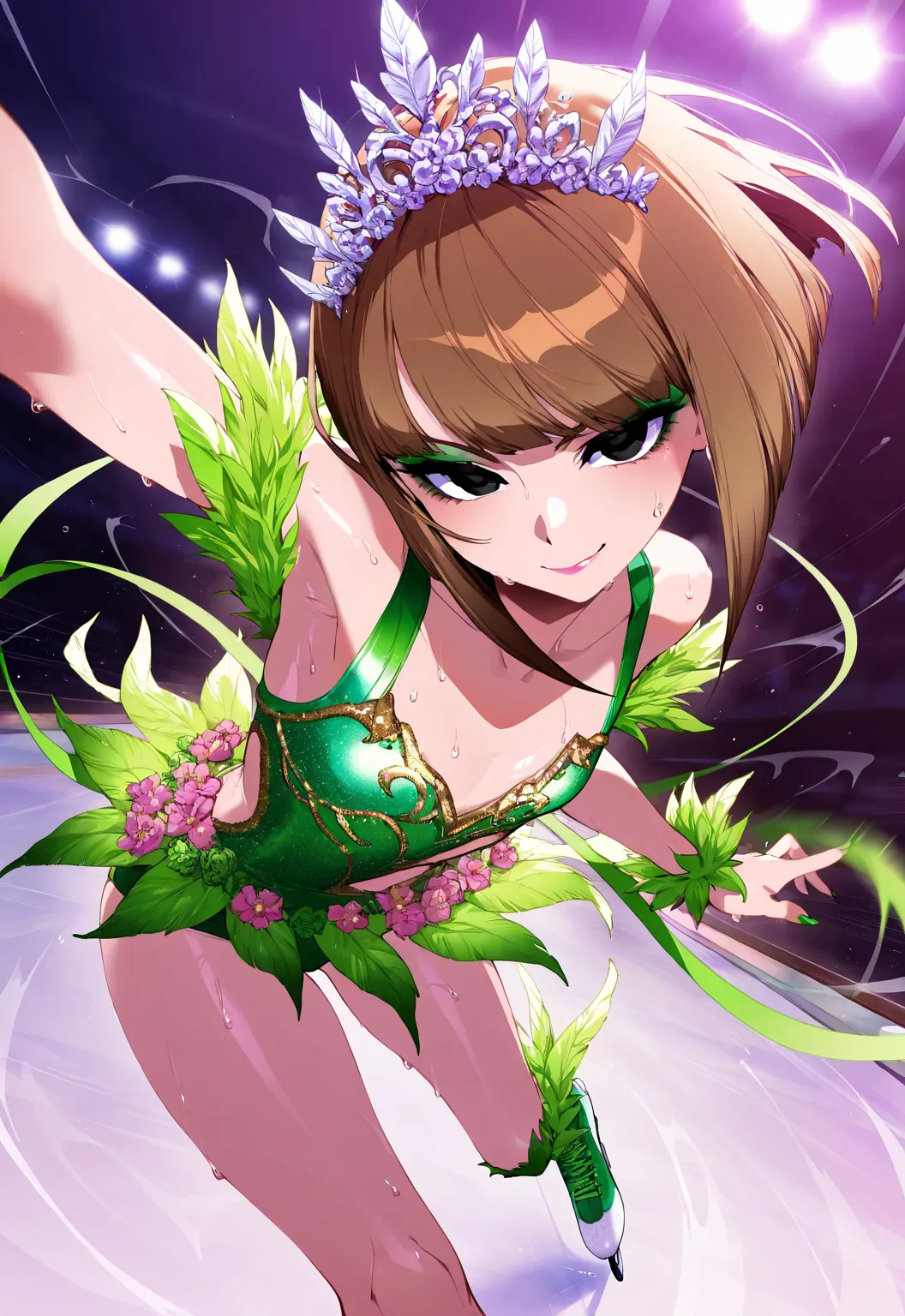 (sfw:1.5), makeup gyaru, cool beauty, solo girl ,feather accessory , green costume, flower tiara, high speed figure_skating, brown hair, black eyes, inverted bob, slender, flat chest, serious, sweat, seductive smile, motion blur, perspective, from side